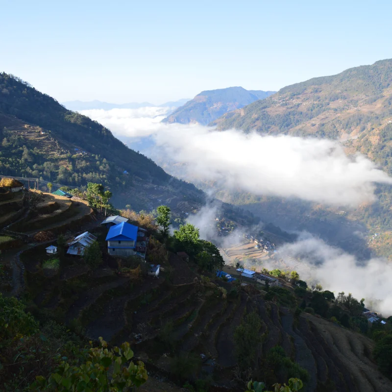 Blue-roofed mountain homes and agricultural terraces overlooking a thick layer of white clouds filling the valley near Ghorepani Nepal.