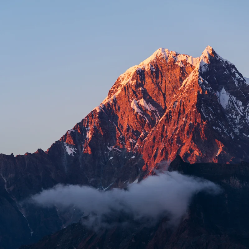 Golden alpenglow lighting the snowy summit and rugged ridges of Mount Nilgiri above a sea of clouds.