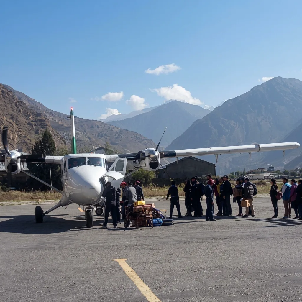 Twin Otter airplane and passengers on the airstrip at Jomsom Airport during the 10-day Jomsom Muktinath Ghorepani Poon Hill Trek.