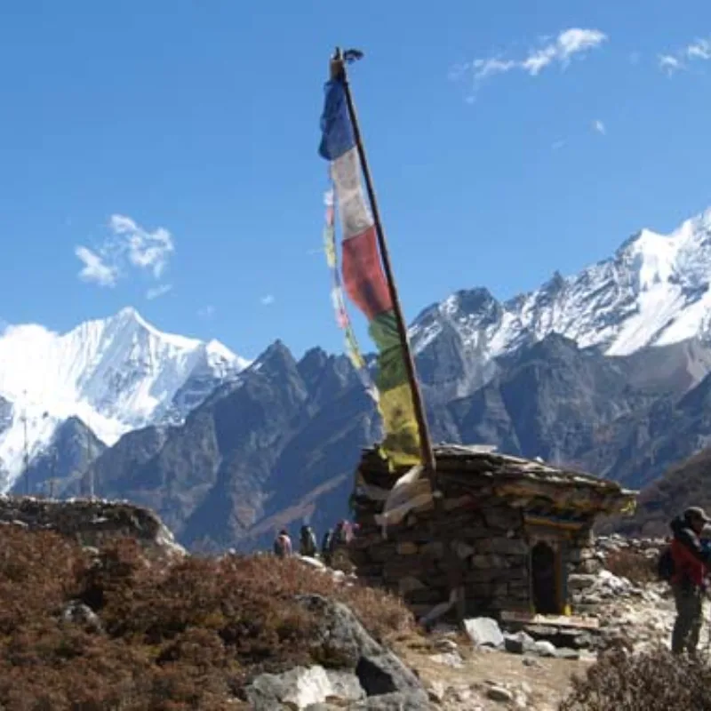 A traditional stone shelter hut next to a tall pole flying multi-colored Buddhist prayer flags, set against a backdrop of snow-covered mountains under a blue sky.