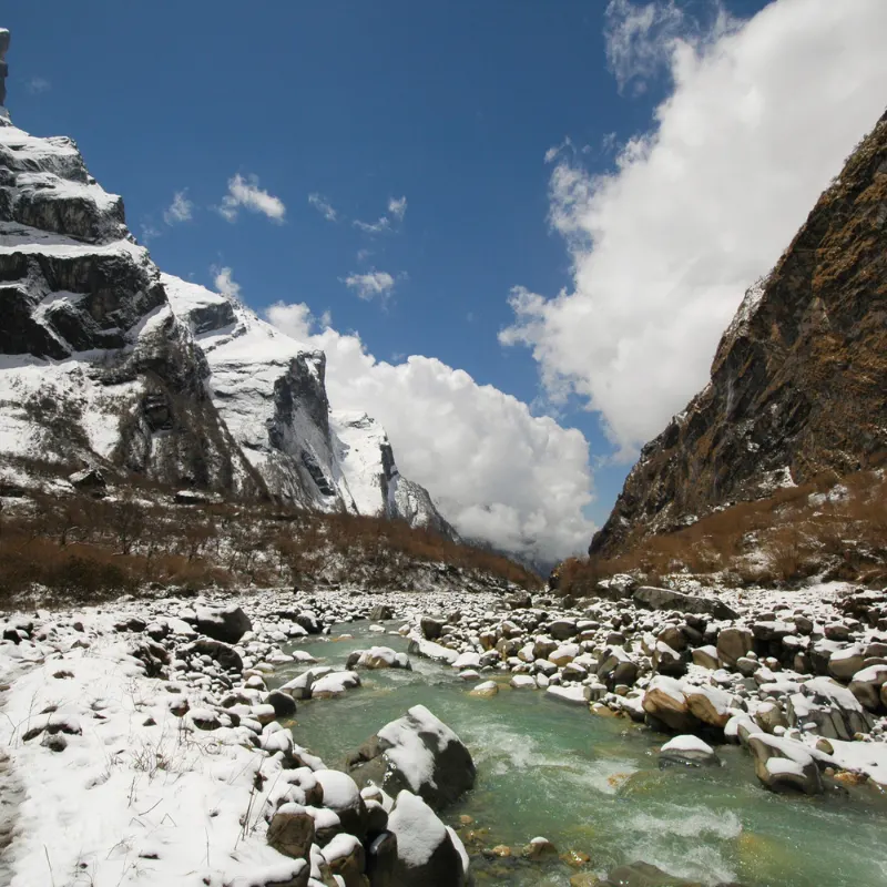 Turquoise glacial river flowing through a snow-covered alpine gorge in the Annapurna Sanctuary trek.